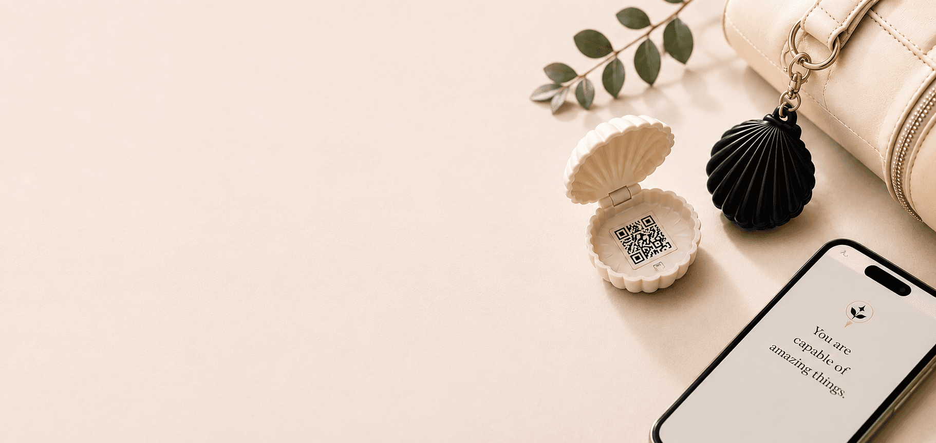 Luxury QR keychain memory charm - Elegant shell design with pearl finish